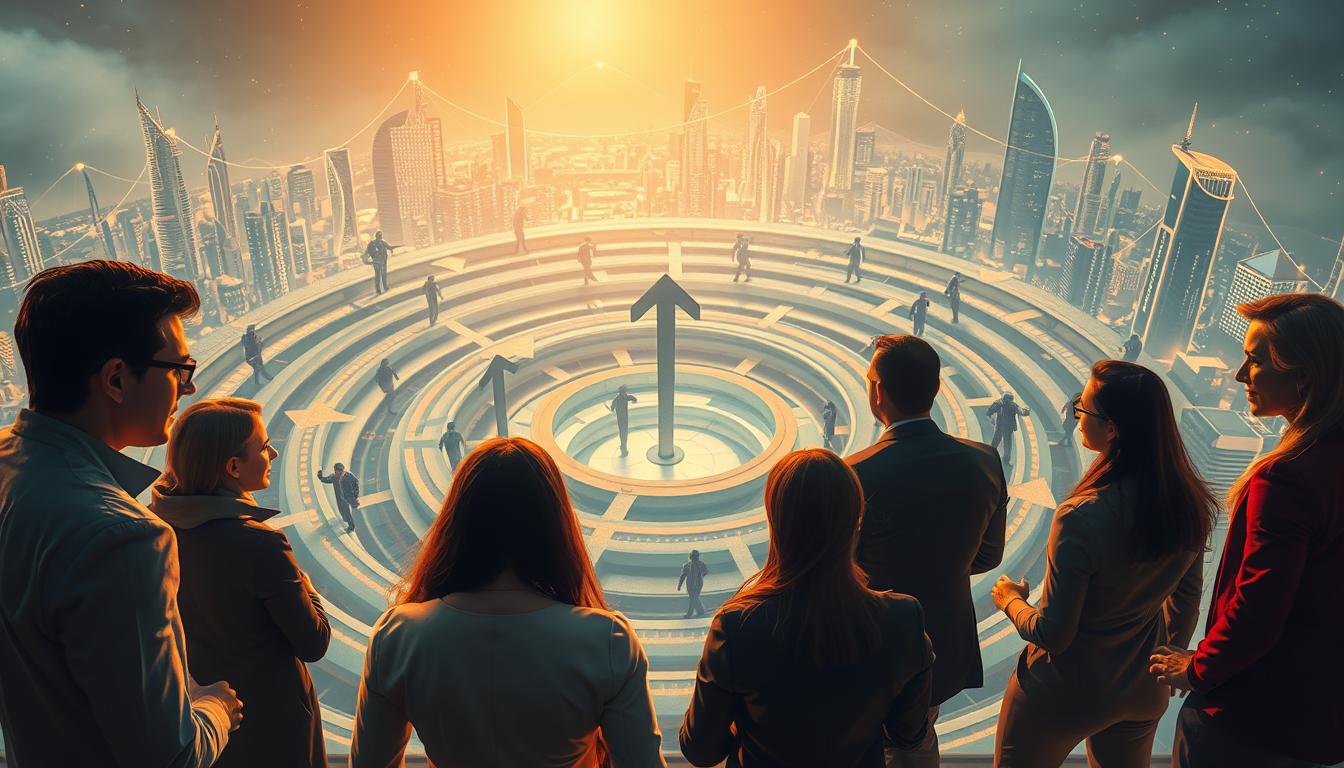 change management strategy Business team looking down on a circular tiered maze with upward arrows, city skyline behind