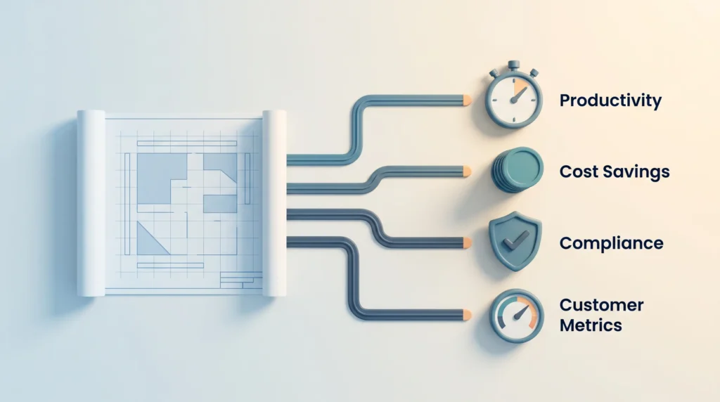 Change Strategy Tied to Business Outcomes Change management strategy blueprint branching into four business outcomes: productivity, cost savings, compliance and customer metrics.