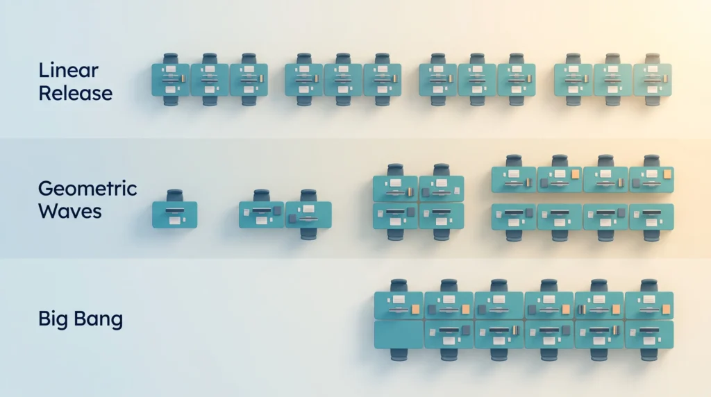 Linear, Geometric and Big Bang Rollouts Rollout methods compared: linear release in equal groups, geometric waves that double each round and a big bang that switches everyone at once.