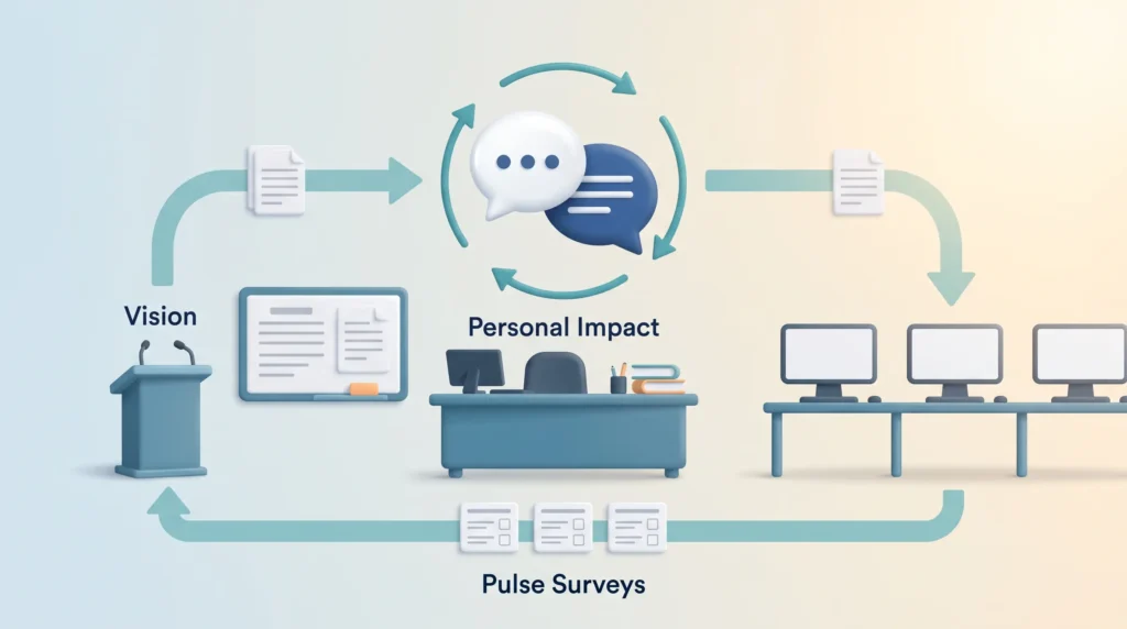 Two-Way Change Communication Loop Two-way change communication: the lectern shares the vision, the supervisor explains personal impact and pulse surveys return feedback.
