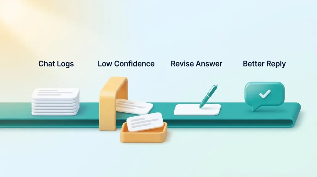 Chatbase review of the tuning loop: chat logs pass a low confidence filter, weak replies get revised, and a better reply follows.