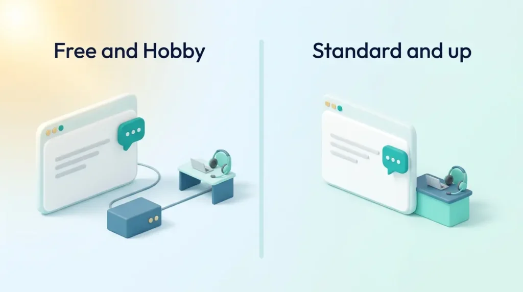 Customer support chatbot handoff compared: Free and Hobby reach an agent desk through an external connector, Standard and up has it built in.