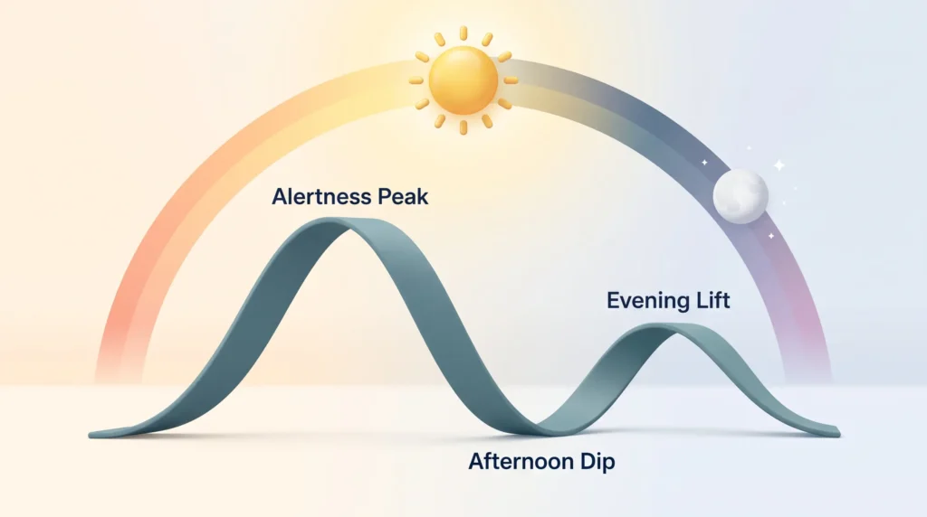 Circadian rhythm shown as an alertness curve under a sun to moon arc, with an alertness peak, an afternoon dip and a smaller evening lift