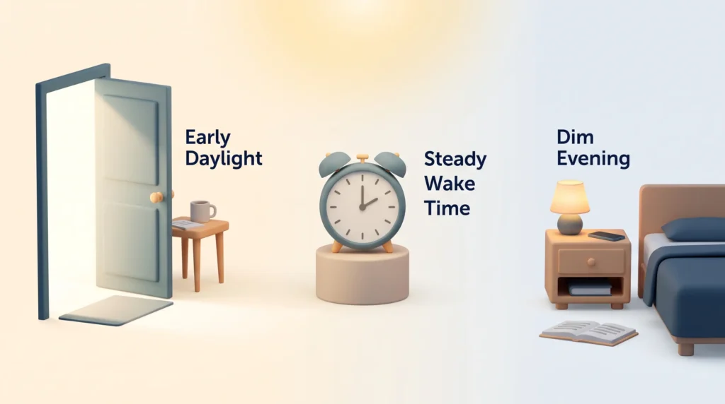 Body clock routine with early daylight through an open door, an alarm clock for a steady wake time and a dim bedside lamp in the evening