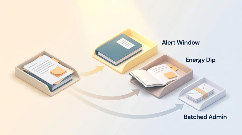Chronotype productivity in practice: analytical work goes to the alert window, creative work to the energy dip and admin tasks are batched