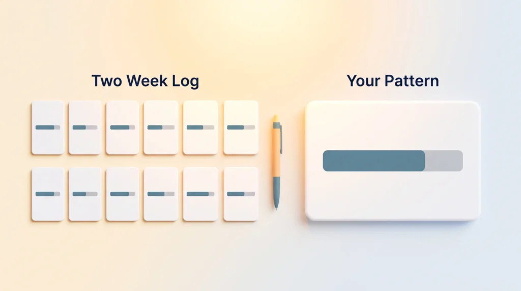 Two week log of daily cards whose marked sharp hours line up into one clear pattern that reveals your chronotype