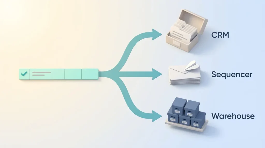 A qualified row branches to three destinations labeled CRM, Sequencer and Warehouse, showing how Clay routes enriched records.