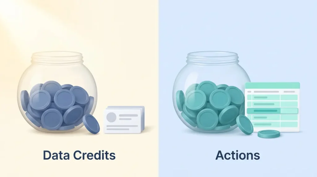 Two jars of tokens compare Data Credits, which buy contact data, with Actions, which pay for Clay running the table.
