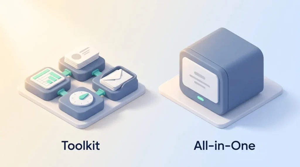Connected modules labeled Toolkit sit beside a single closed unit labeled All-in-One, contrasting Clay with bundled outbound prospecting tools.