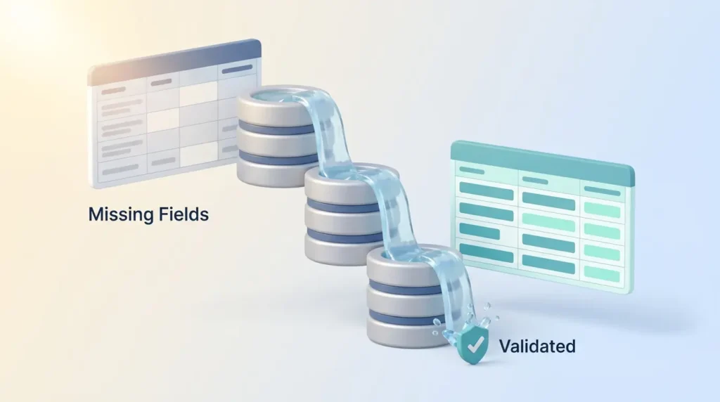 Waterfall enrichment in this Clay AI review: a list with missing fields cascades through three data providers and ends validated.