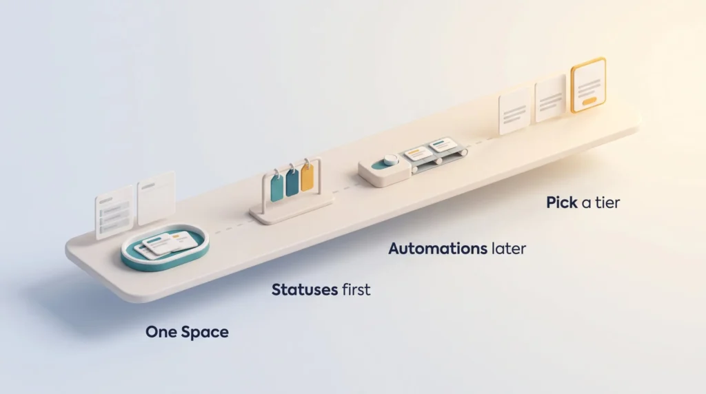 Getting Started with ClickUp Steps Getting started with ClickUp: one Space first, custom statuses early, automations later and picking a paid tier last.