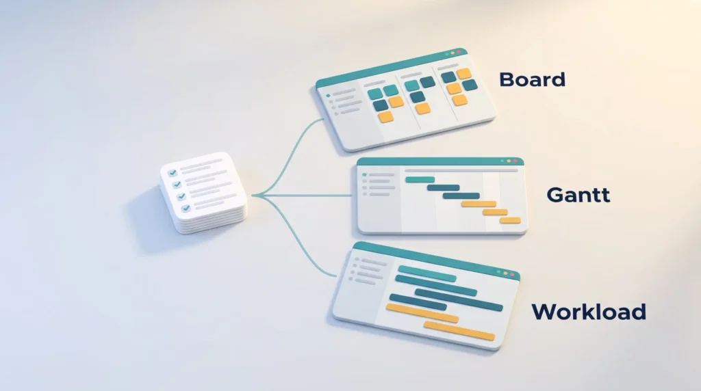 ClickUp Views from One Task List ClickUp review: one shared task list shown as a board, a Gantt chart and a workload view without duplicating any work.