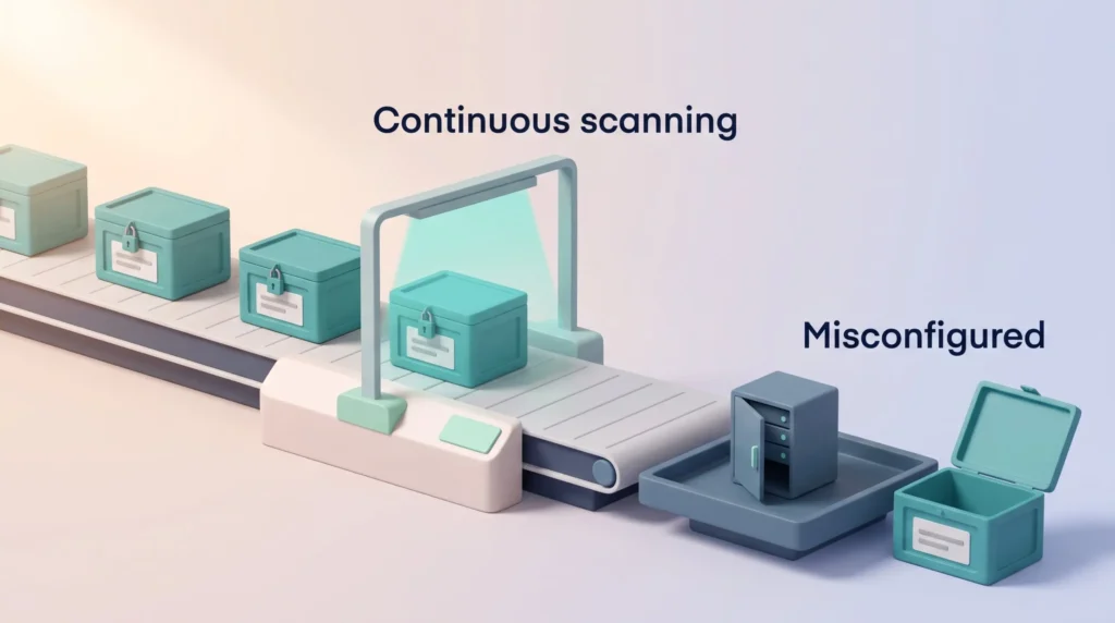 Continuous Cloud Configuration Scanning Cloud security scanner checks locked storage crates while an open crate and an open server cabinet are set aside as misconfigured