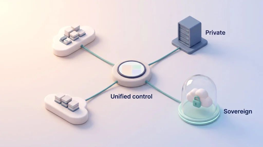 Unified Multi-Cloud Control Multi-cloud strategy with one unified control console linked to two public clouds, a private server rack and a sovereign cloud dome