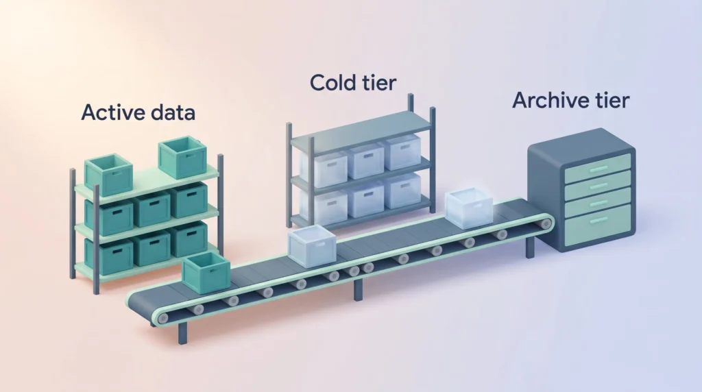 Cloud Storage Tiers and Lifecycle Rules Conveyor belt moving data crates from an active data shelf to a cold tier shelf and on to an archive tier cabinet