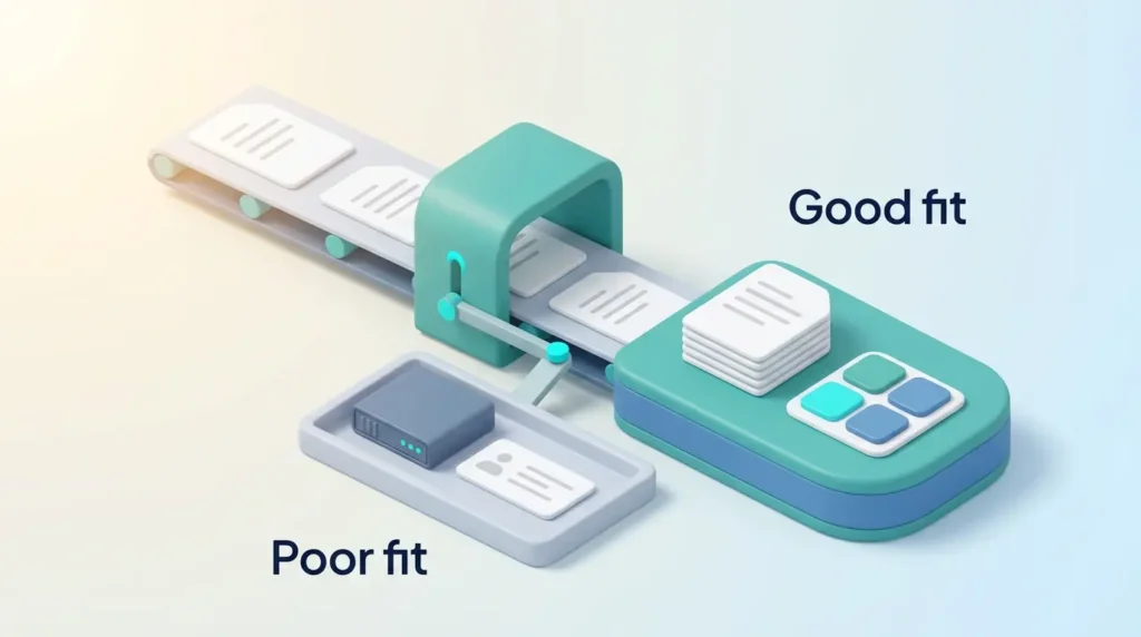 Context.dev Good Fit and Poor Fit Sorting line where clean documents and company logo tiles land on the platform as a good fit, while an on-premise server and a contact card are a poor fit