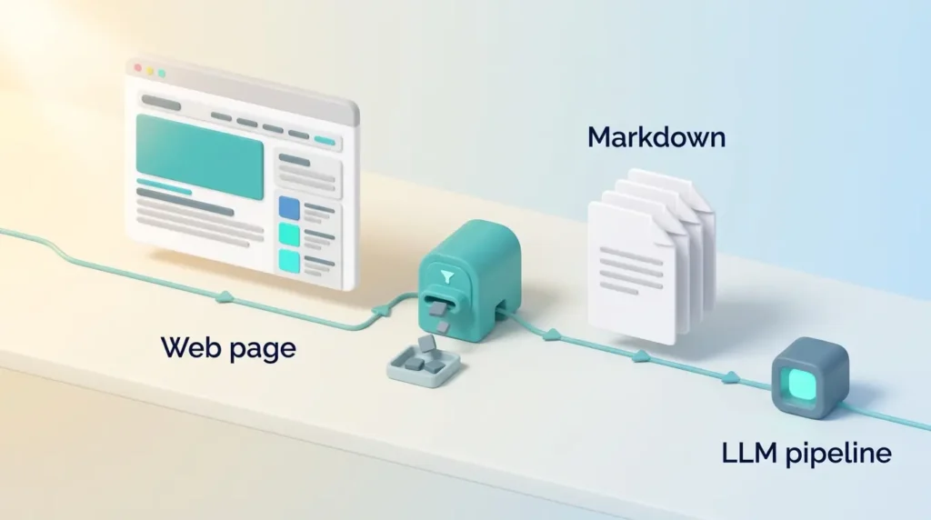 Scraping API Markdown Pipeline Context.dev review illustration of a cluttered web page passing through a filter that strips boilerplate into clean markdown pages for an LLM pipeline