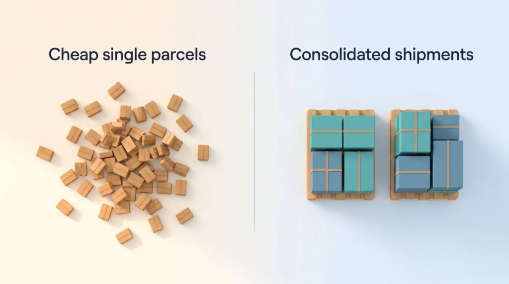 Scattered cheap single parcels on the left compared with consolidated shipments of large boxes strapped onto two pallets on the right