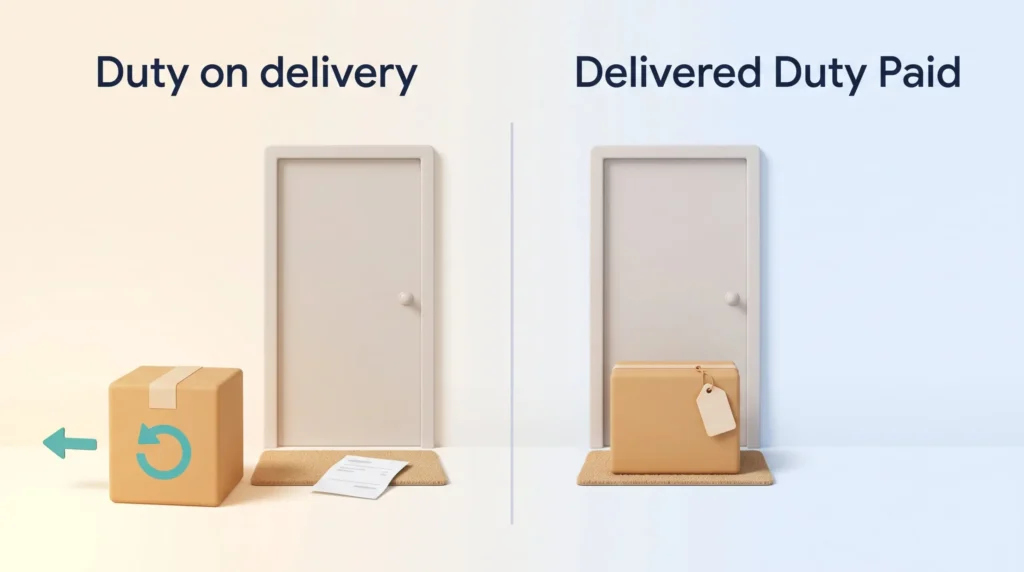 Refused parcel with a return arrow and a surprise duty bill on the doormat, next to a delivered duty paid parcel with one price tag accepted at the door