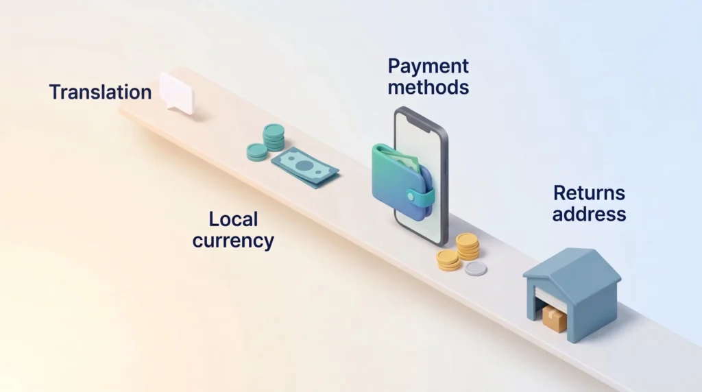 Shop counter with translation as a small speech bubble, followed by local currency, a phone wallet for local payment methods and a local returns address depot