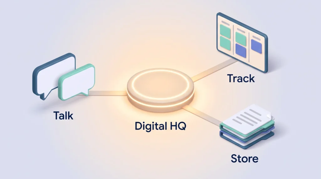 Digital HQ for Remote Team Coordination Central digital HQ connecting talk, track and store tools, a lean stack for remote team coordination in distributed teams