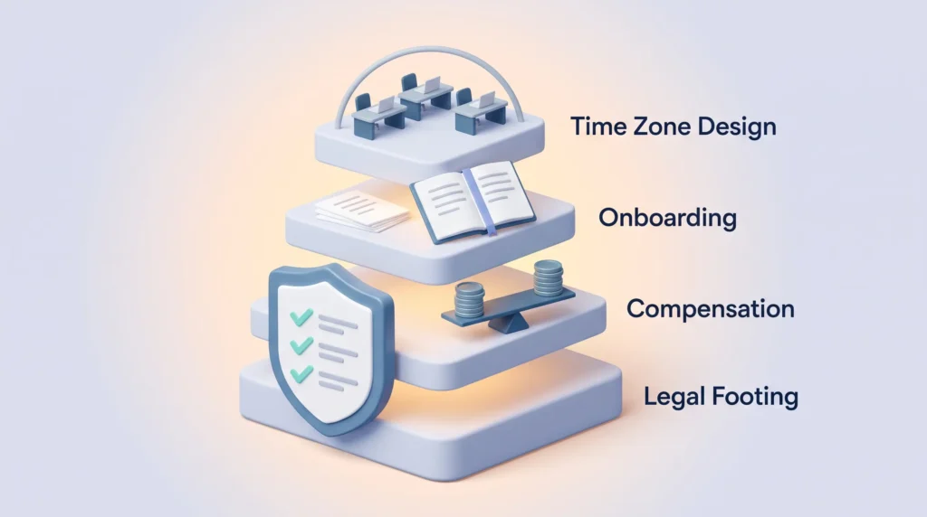 Offshore Team Building Foundations Stacked layers showing legal footing, compensation, onboarding and time zone design as the foundations of offshore team building