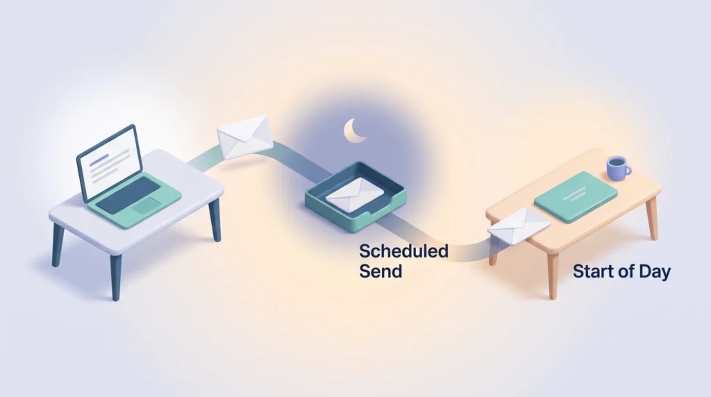 Scheduled Send Across Time Zones Message held overnight by scheduled send and delivered at the start of day, protecting work-life boundaries across time zones