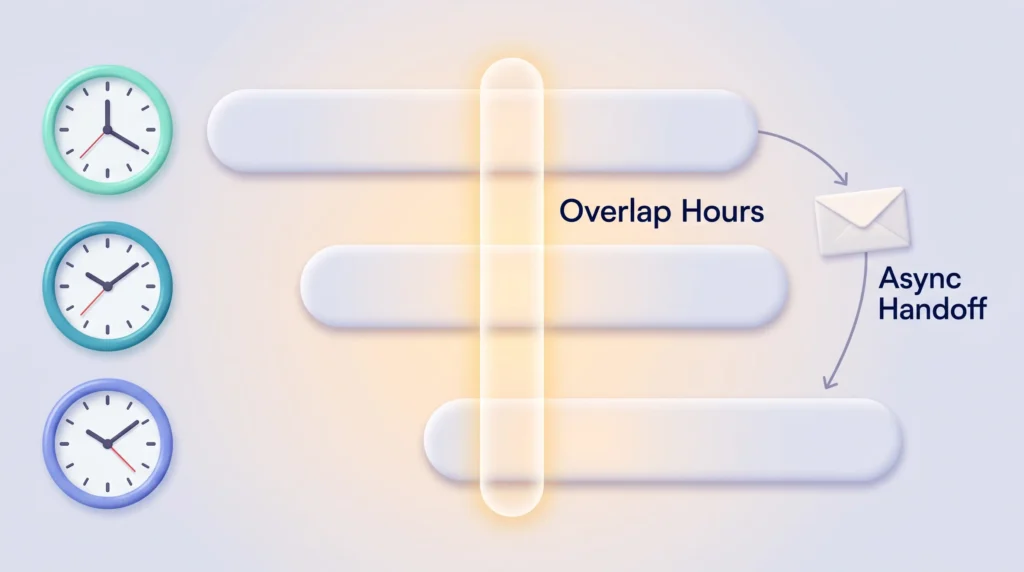 Time Zone Overlap and Async Handoff Three clocks beside offset working day bars for cross-border teams, with a narrow overlap hours band and an async handoff envelope
