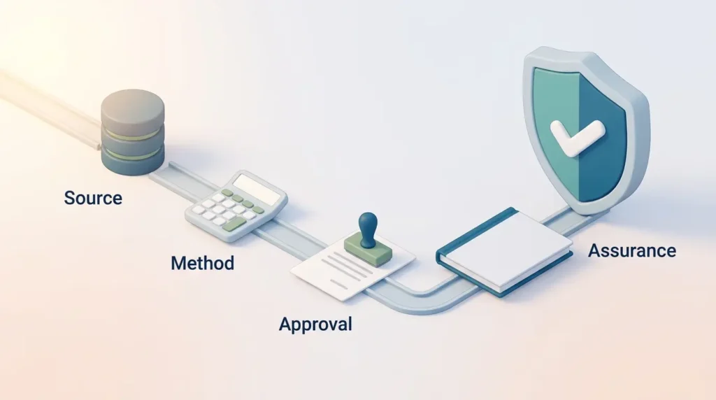 CSRD assurance trail linking source data, calculation method and an approval stamp to the published report and a limited assurance shield