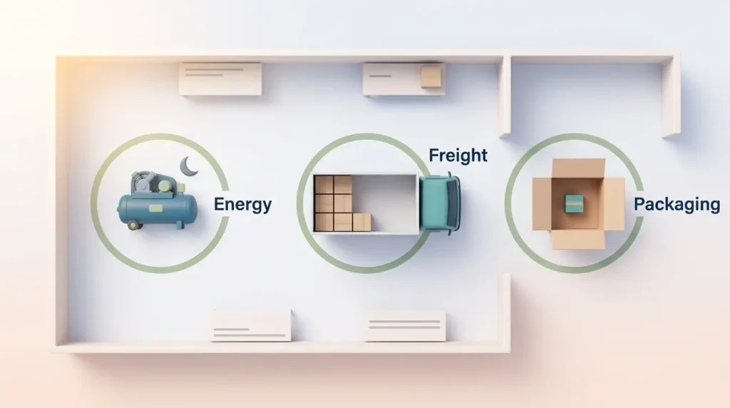 Plant floor plan with an overnight compressor, a partly empty truck and oversized packaging marked as energy, freight and packaging savings