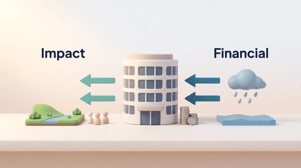 Double materiality shown as impact arrows running from a company to people and nature and financial arrows running from climate risks to its cash