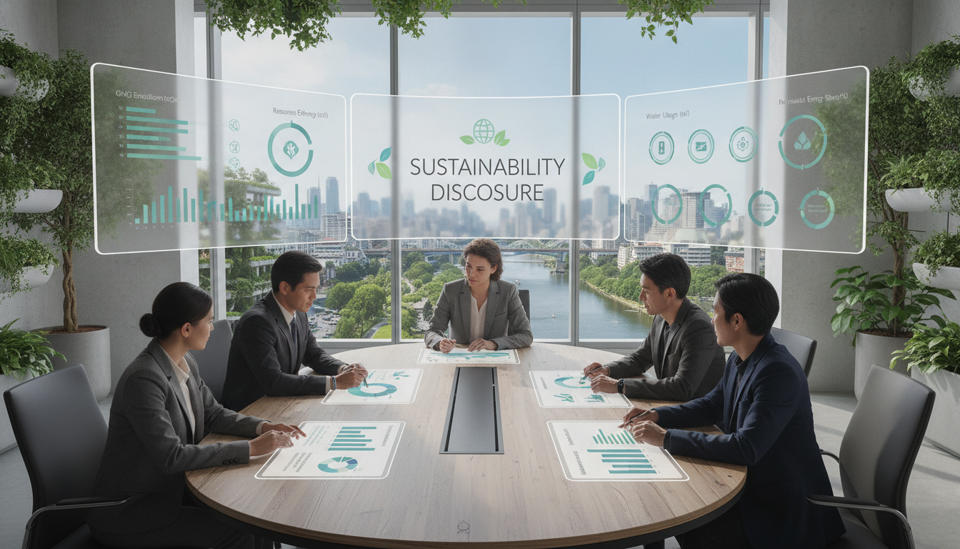 Colleagues review floating sustainability disclosure dashboards showing emissions, energy and water metrics in an office