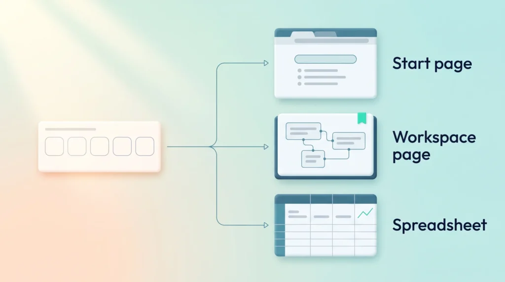 Dashboard template plan branching into three builds: a browser start page, a workspace page with linked blocks and a spreadsheet with a sparkline.