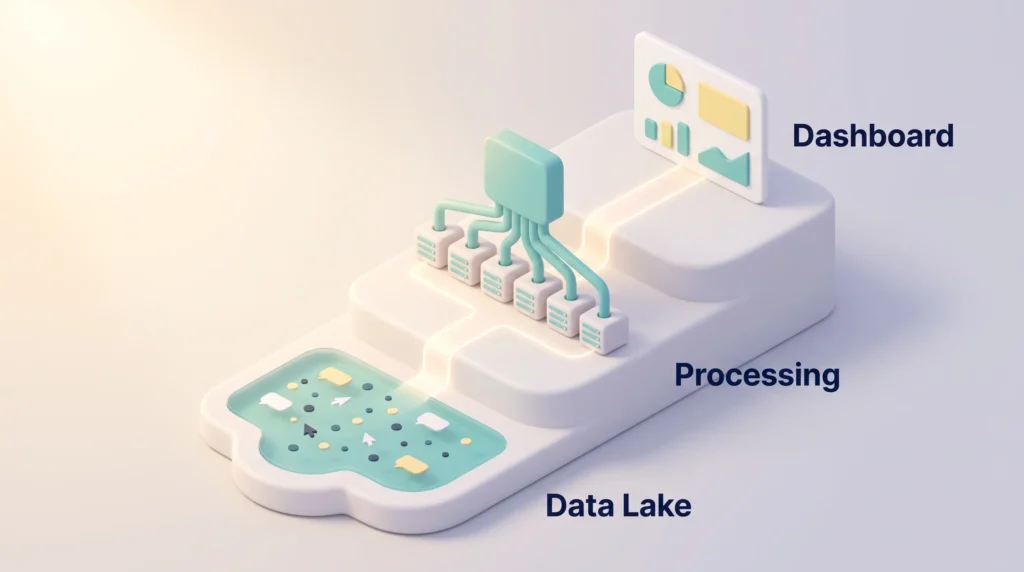 Big Data Infrastructure Layers Big data in the workplace, from a cloud data lake through processing split across many servers up to a simple dashboard.