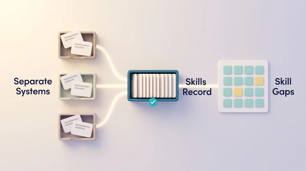 HR Systems Merged Into a Skills Record Workforce upskilling starts with data: separate HR systems merge into one skills record that reveals skill gaps across teams.