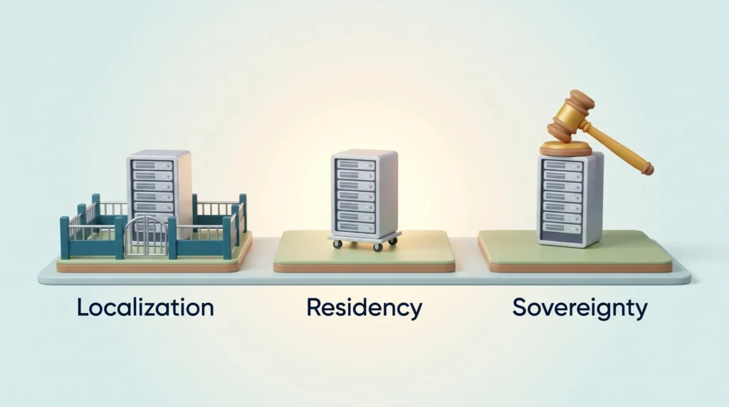 Three identical server racks explain data localization laws: a fenced rack for localization, a rack on wheels for residency and a gavel for sovereignty.