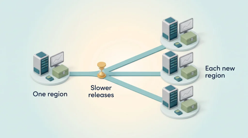 One regional server kit branches into three identical copies with an hourglass at the fork, showing duplicated costs and slower releases in SaaS compliance.