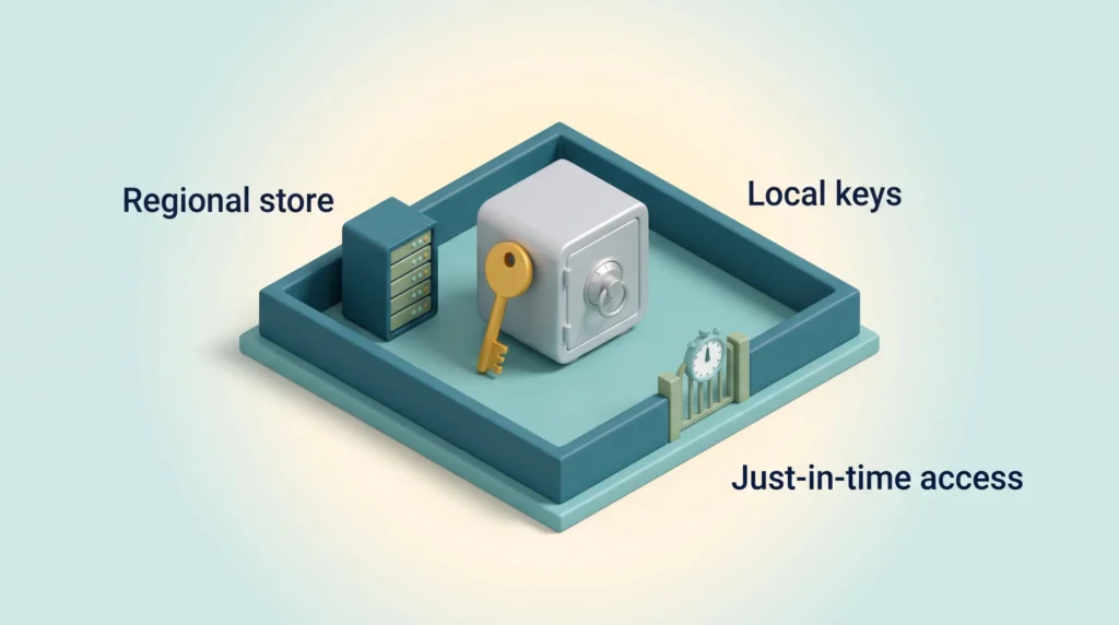 A walled region holds a regional data store, a steel safe with a gold key for local keys and a timed gate for just-in-time access, built for data sovereignty.