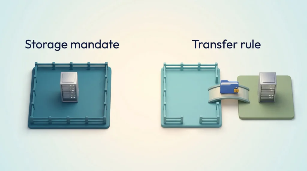 A fenced country with its own server under a storage mandate beside a market linked to a shared server by a bridge with a locked folder for cross-border data transfers.