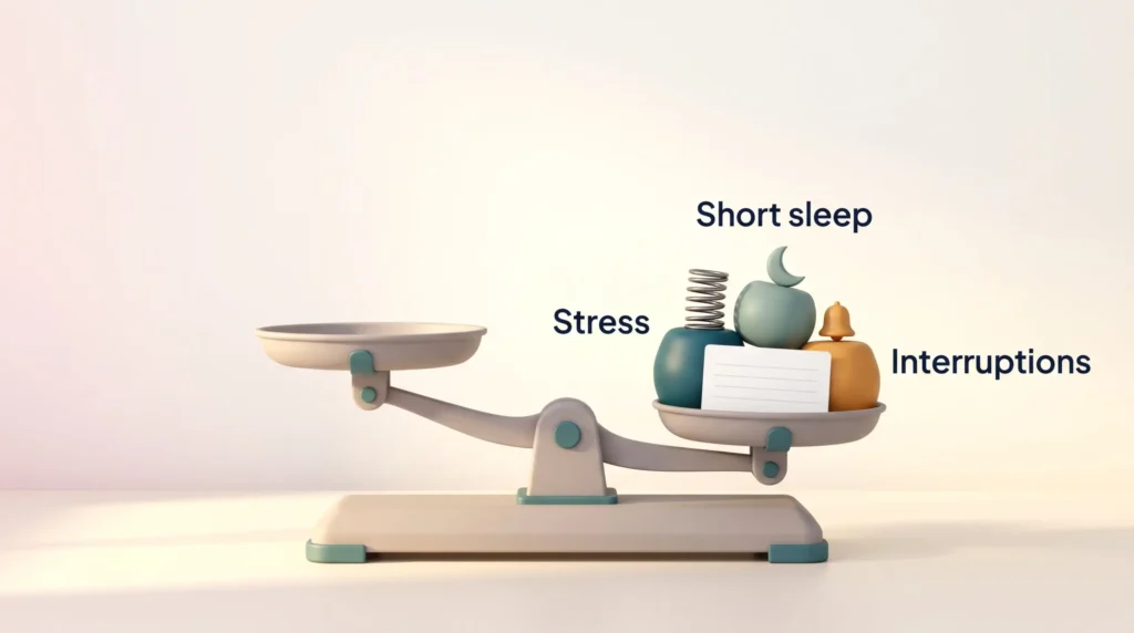 Cognitive Overload Factors on a Scale Cognitive overload shown as a scale: stress, short sleep and interruptions weigh down a single decision card on one pan.