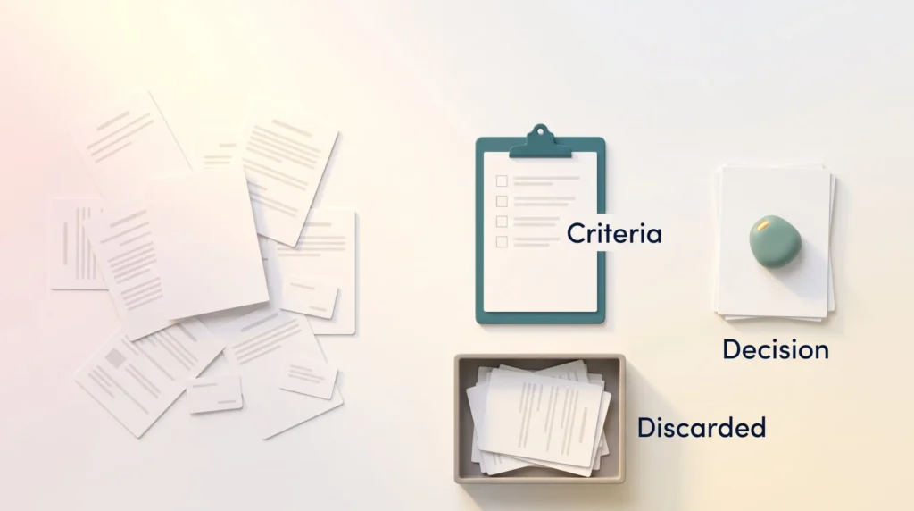Filtering Information With Criteria Choice overload filtered on a desk: many papers pass a criteria clipboard, most are discarded and only a few reach the decision stack.