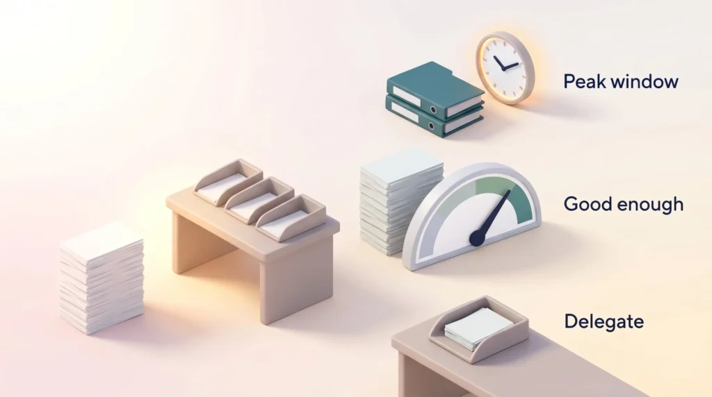 Sorting Decisions by Importance Reduce decision fatigue by sorting decisions: key ones go to your peak window, most get a good enough answer, the rest you delegate.