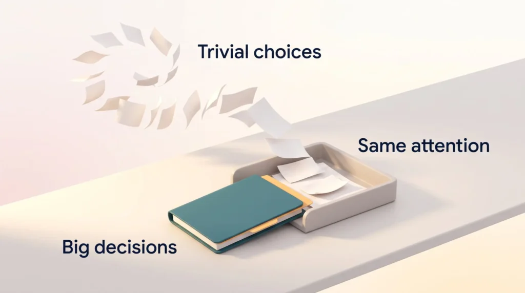 Trivial and Big Decisions Share Attention Decision fatigue explained: trivial choices and big decisions land in the same in-tray because they draw on the same attention.