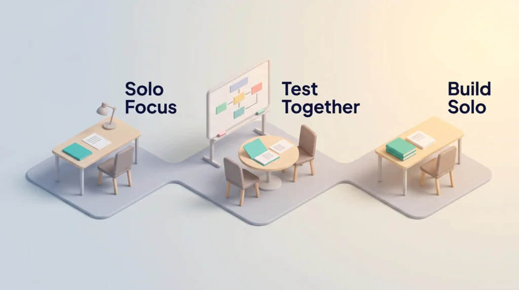 Three workstations in a row showing solo focus at a desk, testing ideas together at a whiteboard table, then building solo again