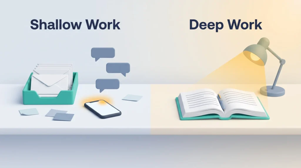 Shallow work desk with inbox, chat bubbles and a pinging phone beside a deep work desk with one open manuscript under a lamp
