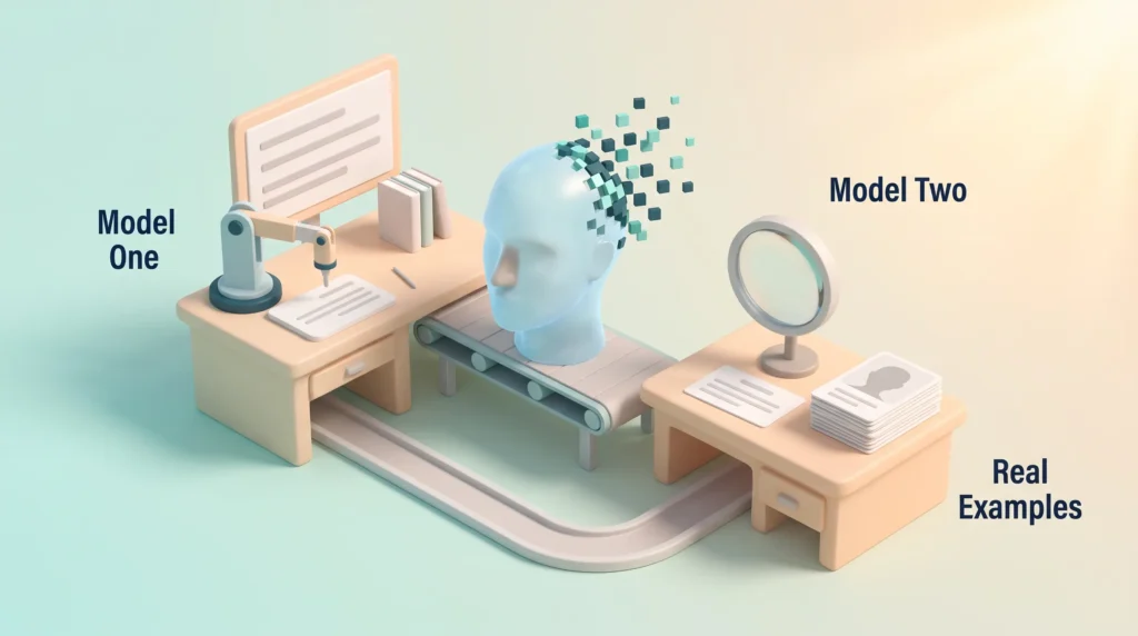 How Deepfakes Are Trained Deepfake fraud starts with two AI models: Model One builds a pixelated fake head, Model Two checks it against real examples and sends it back.