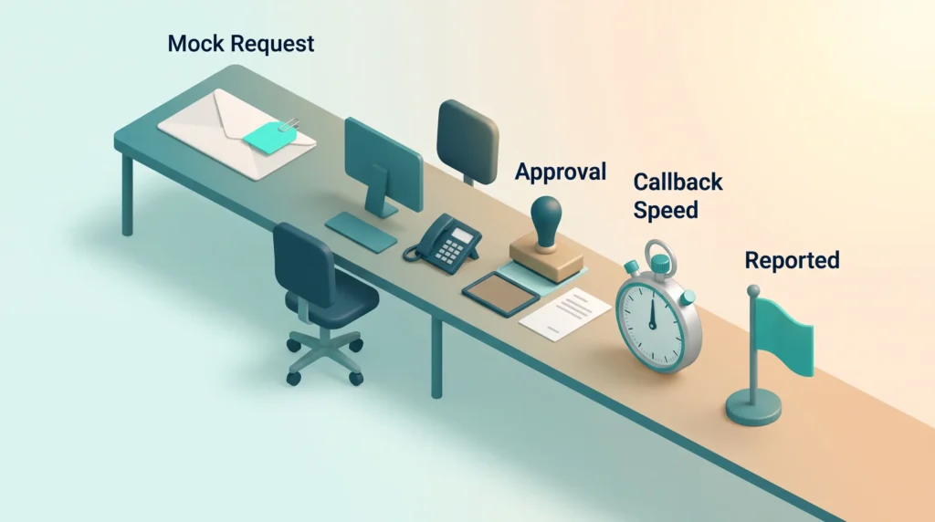 Deepfake Fraud Simulation Metrics Deepfake prevention drill: a mock request reaches the finance desk, then approval, callback speed and whether it was reported are measured.