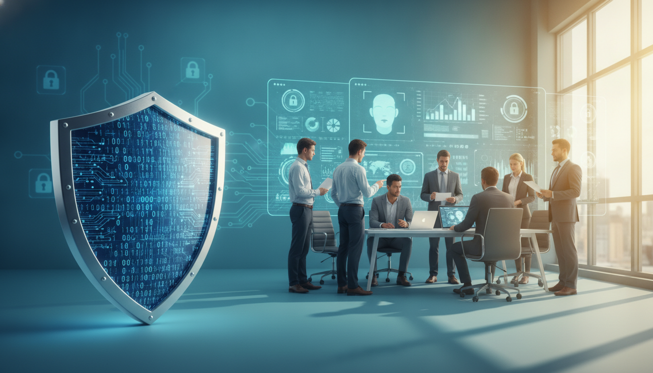 Blue security shield of binary code beside a team reviewing a face scan on a large office display.