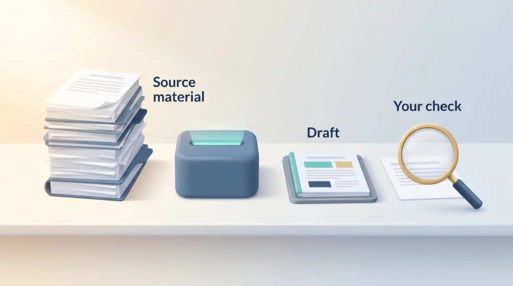 Delegating tasks to AI: an AI unit condenses a stack of source material into a draft, which is then checked with a magnifier.