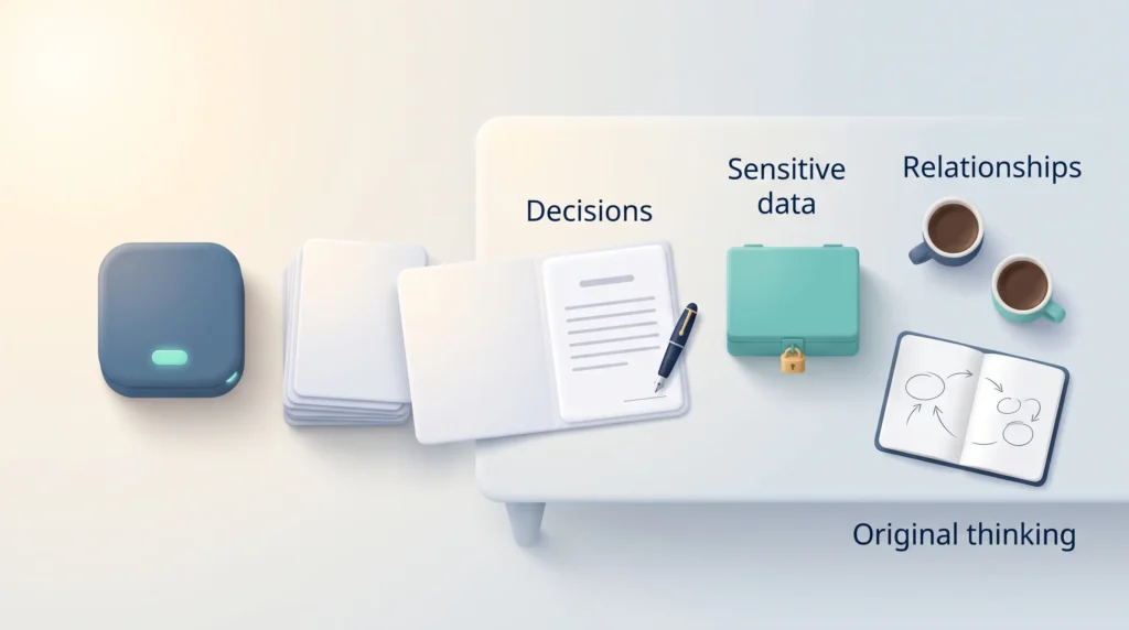 Human oversight of AI: prepared folders pass from an AI unit to a desk holding decisions, sensitive data, relationships and original thinking.